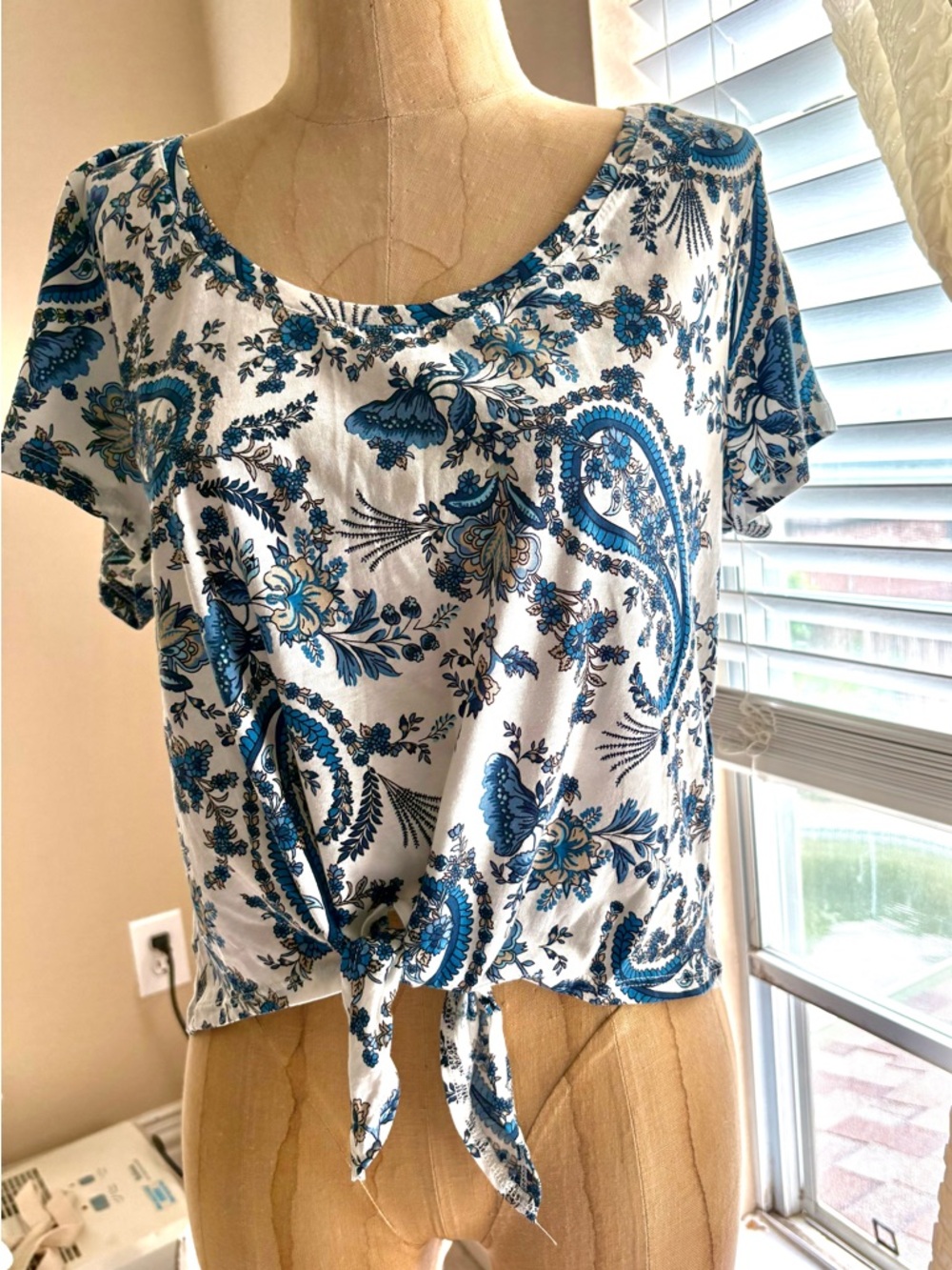 H&M White and Blue Floral Tie-Front Crop Top